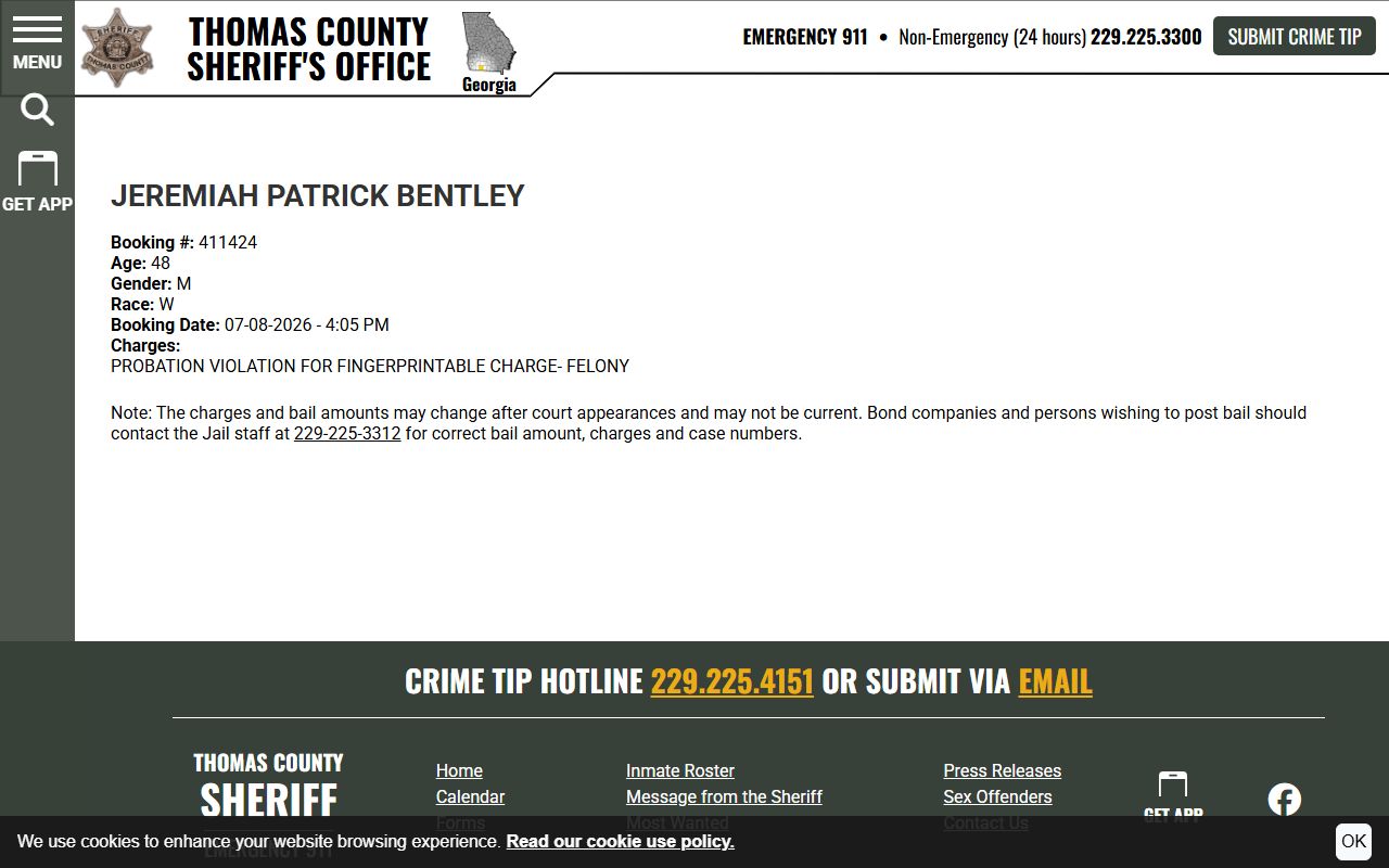 Thomas County arrest records sample inmate profile