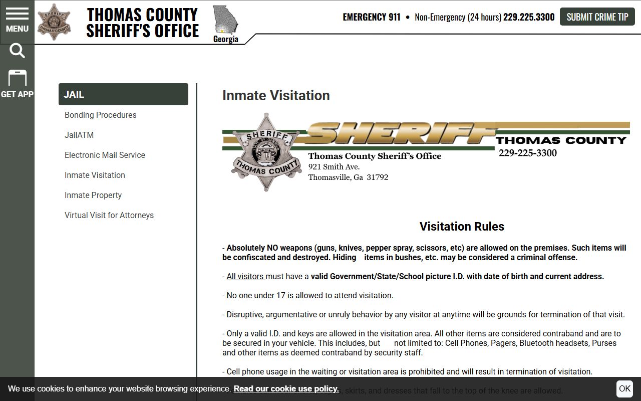 Thomas County inmate search visitation rules source