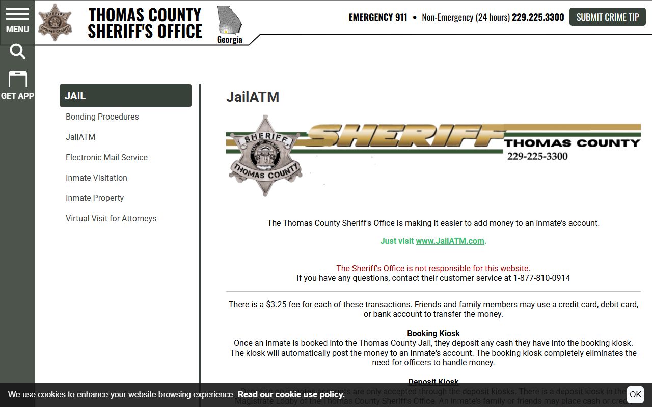 Thomas County inmate search JailATM deposit instructions