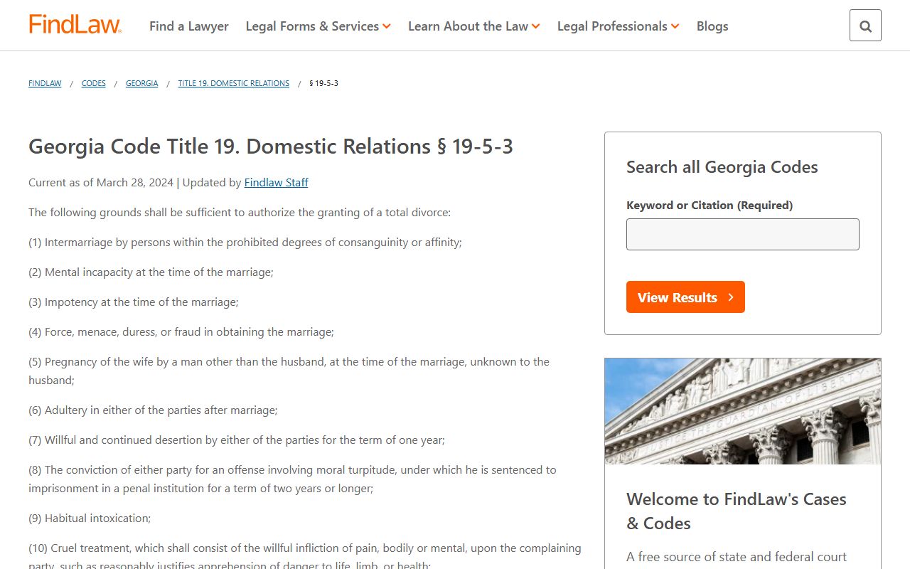 Thomas County marriage divorce records O.C.G.A. 19-5-3 divorce grounds and waiting period