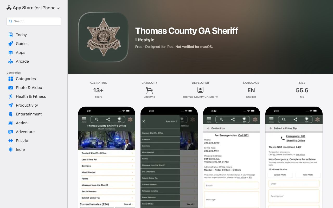 Thomas County warrant search Apple App Store Sheriff app listing
