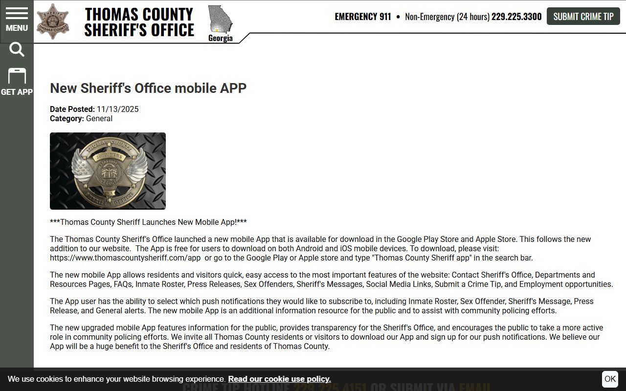 Thomas County warrant search Sheriff's Office app press release