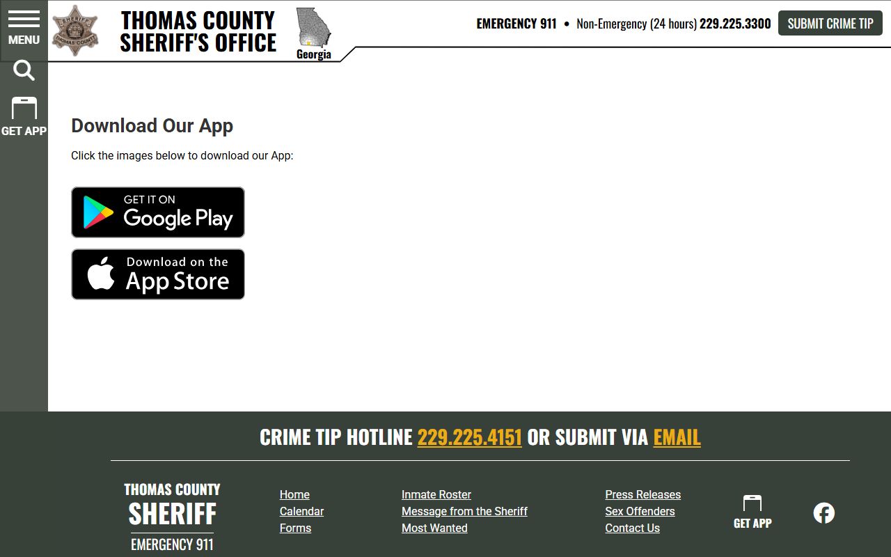 Thomas County warrant search Sheriff app landing page