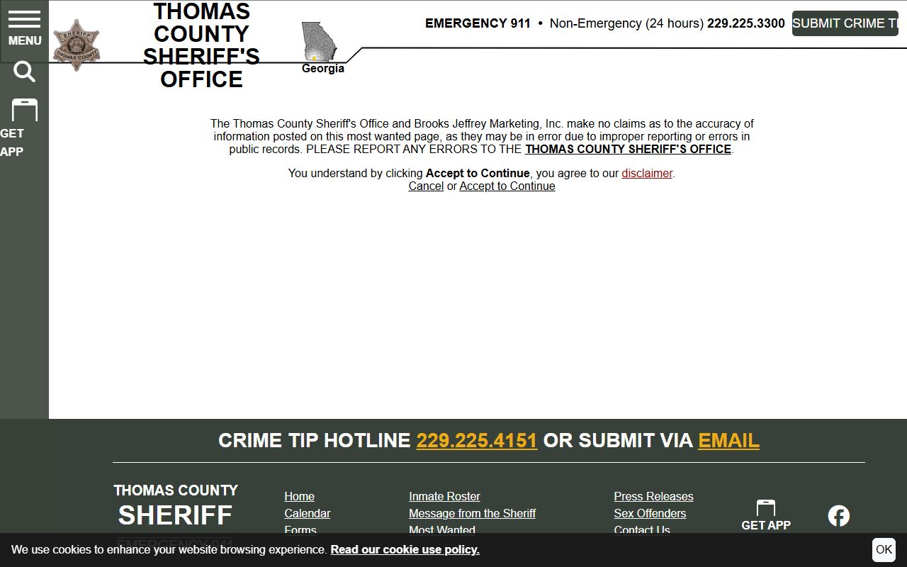 Thomas County warrant search Sheriff's Office Most Wanted disclaimer